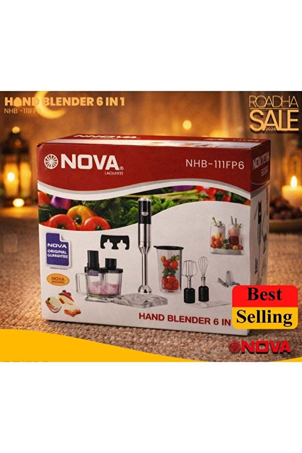 800W Hand Blender 6 In 1 Powerful Stainless Steel Immersion Blender NHB-111FP6 with 1500ml Chopper, 600ml Beaker, Egg Whisk, Dough Hooks and Adjustable Speed for Smoothies, Soups, Baby Food and M
