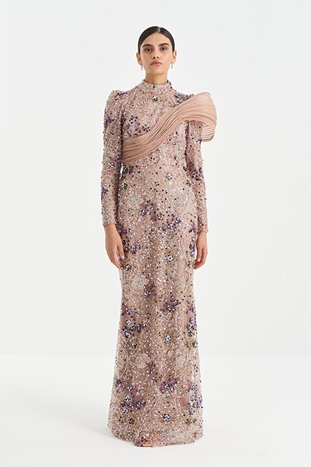 Stone Embellished Collar Detailed Evening Dress - Powder
