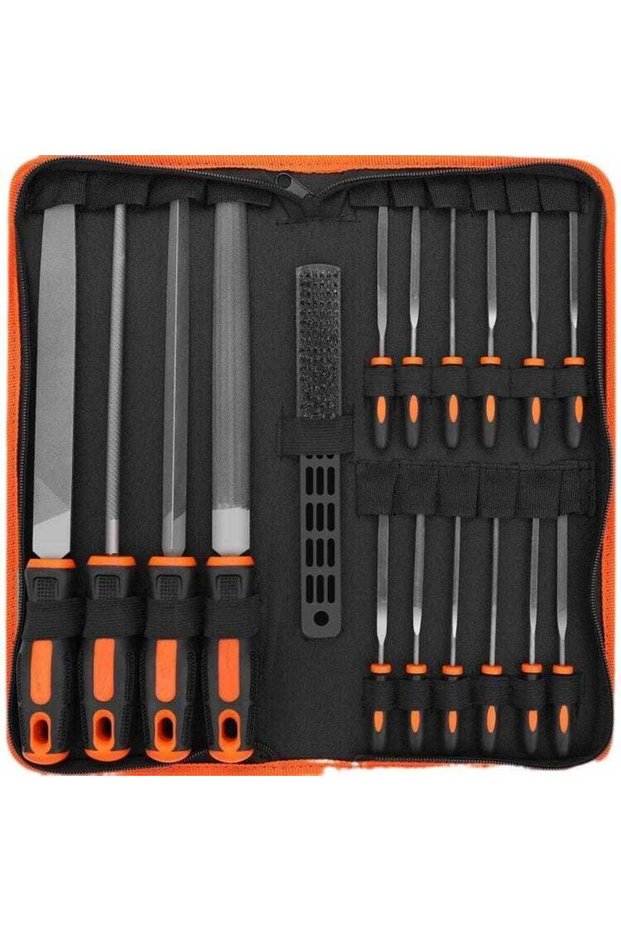 (Orange) 17-piece file and blade set, including wrought steel metal files, 4 large metal files, 12 metal needle files, and 1 cleaning brush.