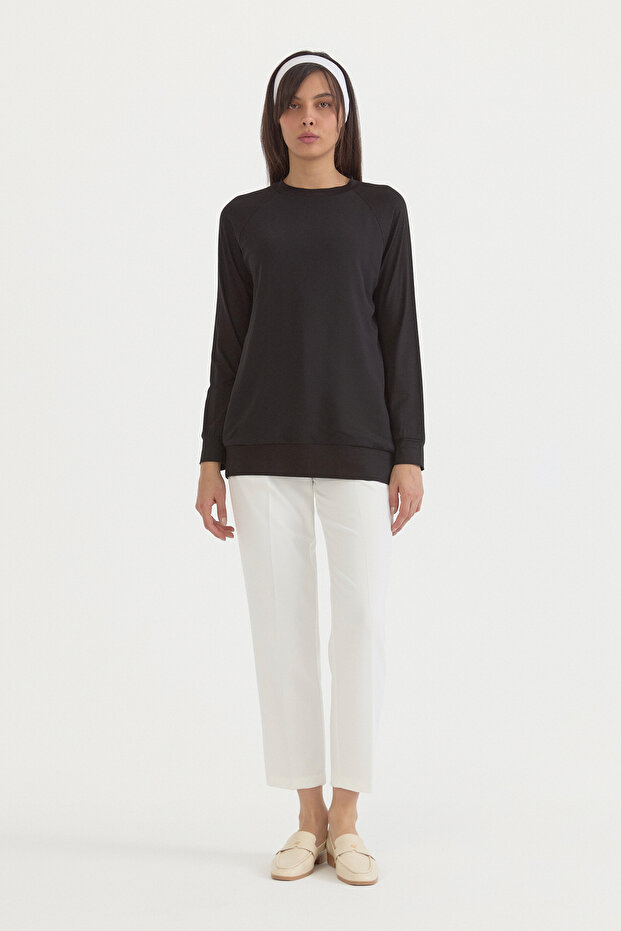 Combed Cotton Blouse with Chiffon Detail - Black