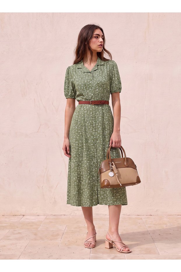PUFF SLEEVE ELASTICATED MIDI DRESS