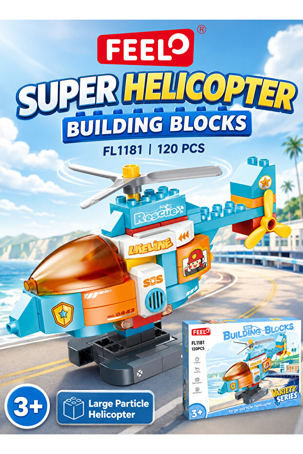 Super Helicopter Building Blocks Set, 120-Piece Large-Particle Aviation Construction Toy with Rotating Main Rotor and Tail Propeller for Kids Ages 3+, FL1181