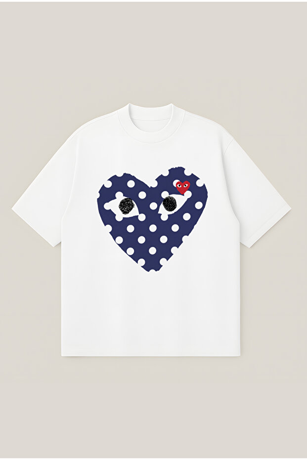 Comme Des Garçons Blue Heart Printed Oversize Boxy Cut Unisex Breathable 100% Cotton Tshirt