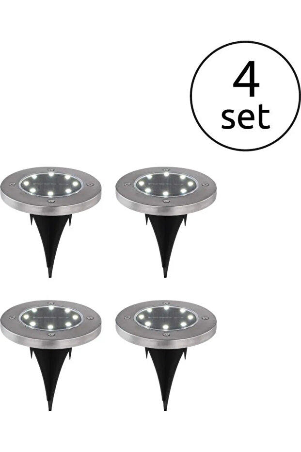 Four solar-powered lights, made of stainless steel, with eight LED beads, producing white light.