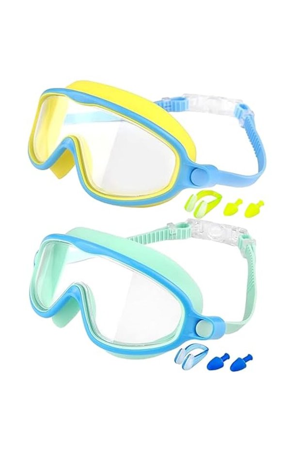A two swimming goggles for children and teenagers aged 3 to 15, featuring anti - fog, UV protection, wide vision range, and waterproof design...