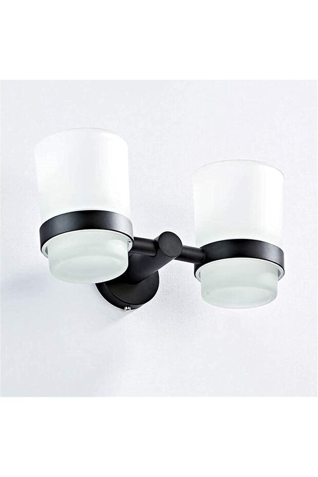 Double black wall-mounted toothbrush holder – Double brass cup holder (cups not included) – Bathroom accessories – Matte black finish