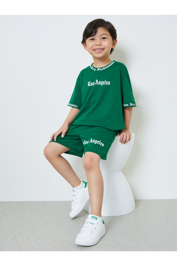 Boys Green Slogan Print T-Shirt and Shorts Set