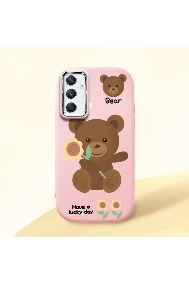 Samsung Galaxy A34 Compatible Case Camera Protector Pink Silicone Couple Phone Case with Bear Pattern