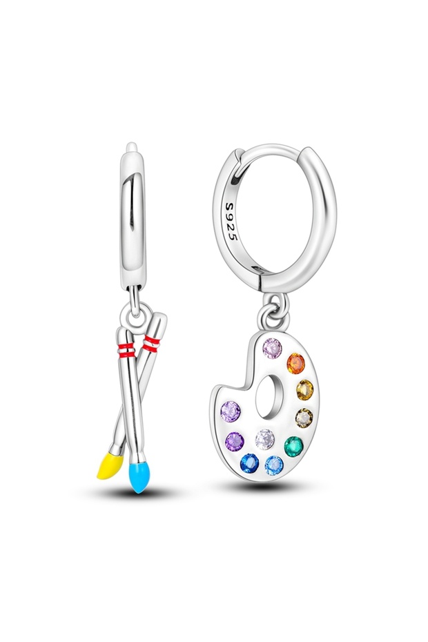 KTE091 925 Sterling Silver Hoops Earrings Zirconia Musical Notes Painter Lifestyle Element Earrings