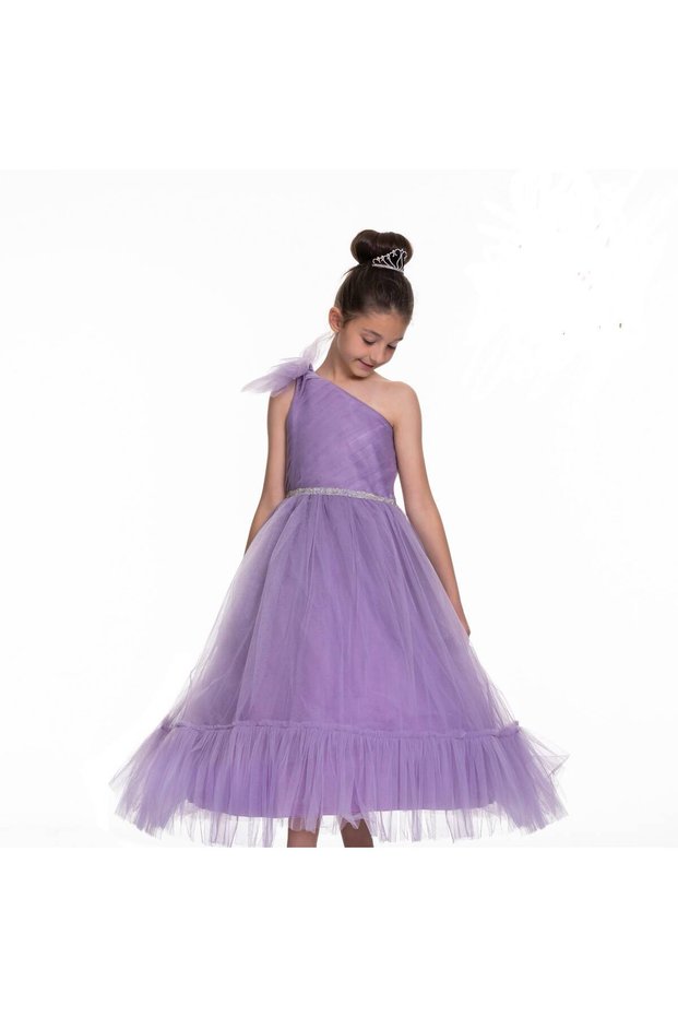 One-Shoulder Bow Waist Dress with Stone Embroidery for Wedding, Prom, Graduation, Birthday.