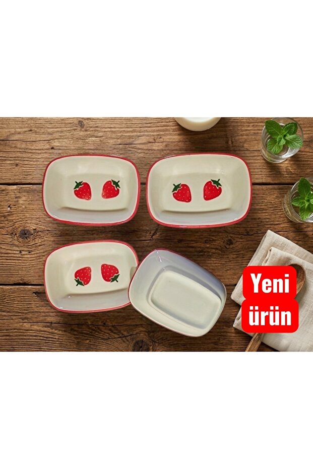 Tabak Kayık Rectangular Presentation & Breakfast Snack Set 4 Pieces 14 cm Strawberry