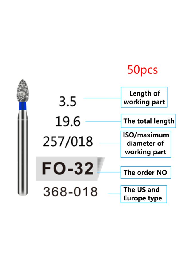 F0-32 50Pcs/Bag Dental Diamond Burs Drill FG 1.6mm Bur For High Speed Handpiece Denspay Dental Bur P