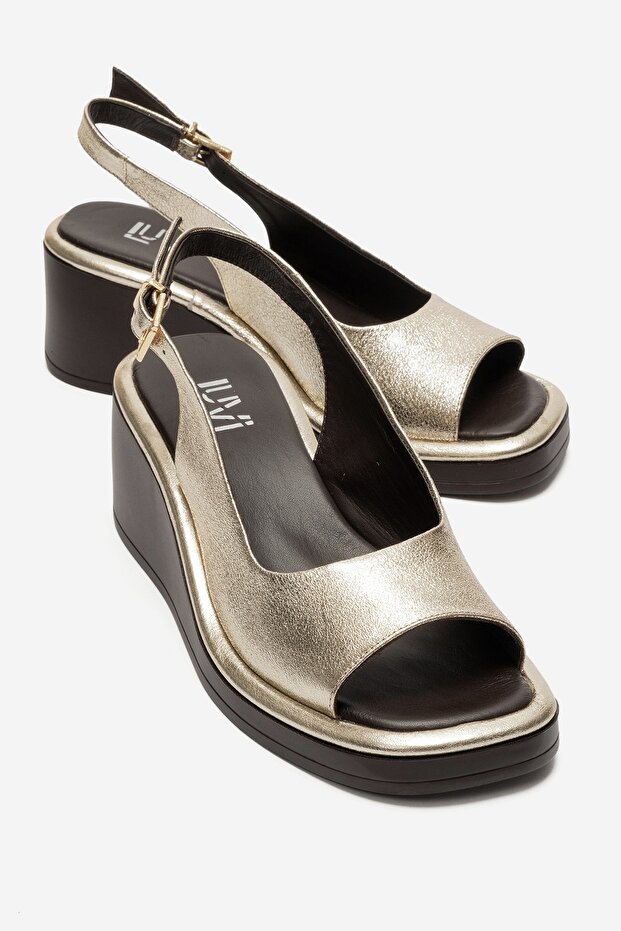 Orlena Gold Genuine Leather Wedge Heeled Sandals