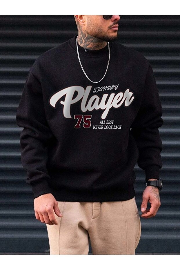 سويت شيرت أسود كبير الحجم مطبوع برقبة دائرية للجنسين من Player 75