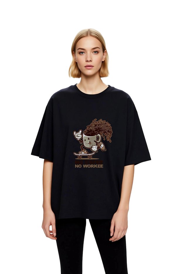 Women's Oversize T-Shirt Coffee Humor Printed Skateboard Figure Relaxed Fit 100% Cotton Casual Modern