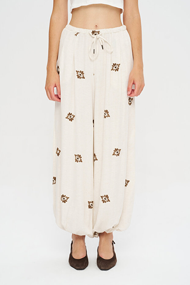 Women's Ethnic Embroidered Tie-Tie Natur Shalwar Trousers
