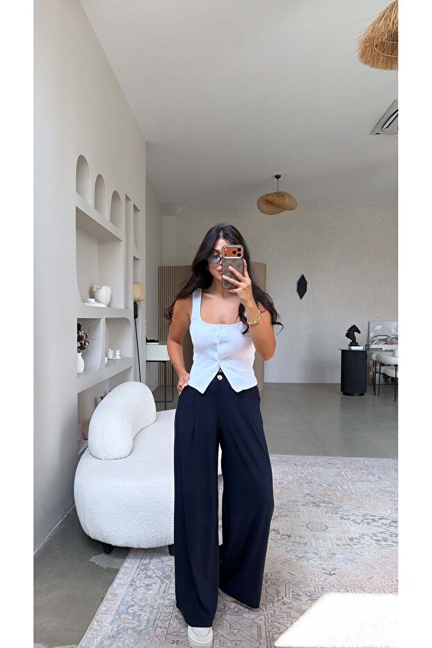 Navy Blue Zr Model Thin Crepe Fabric Trousers