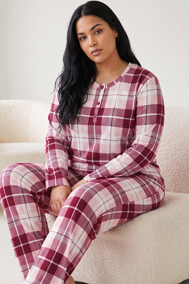 Plaid Patterned Buttoned Cotton Lycra Large Size Oversized Knitted Pajama Set26240959