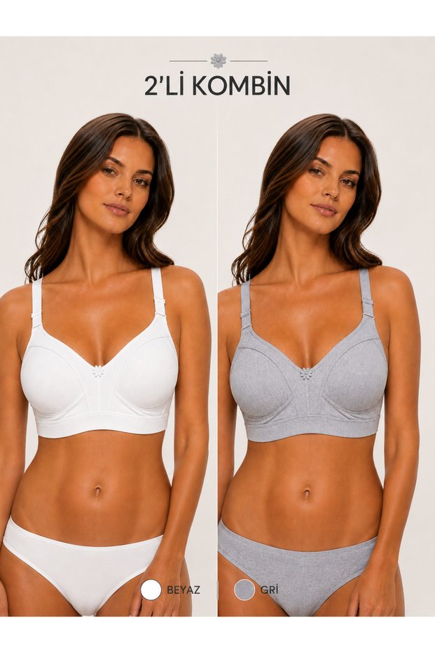 Women's 2-Pack Cotton Wide Elastic Minimizer Combed Cotton Gathering Bra (White-Gray)