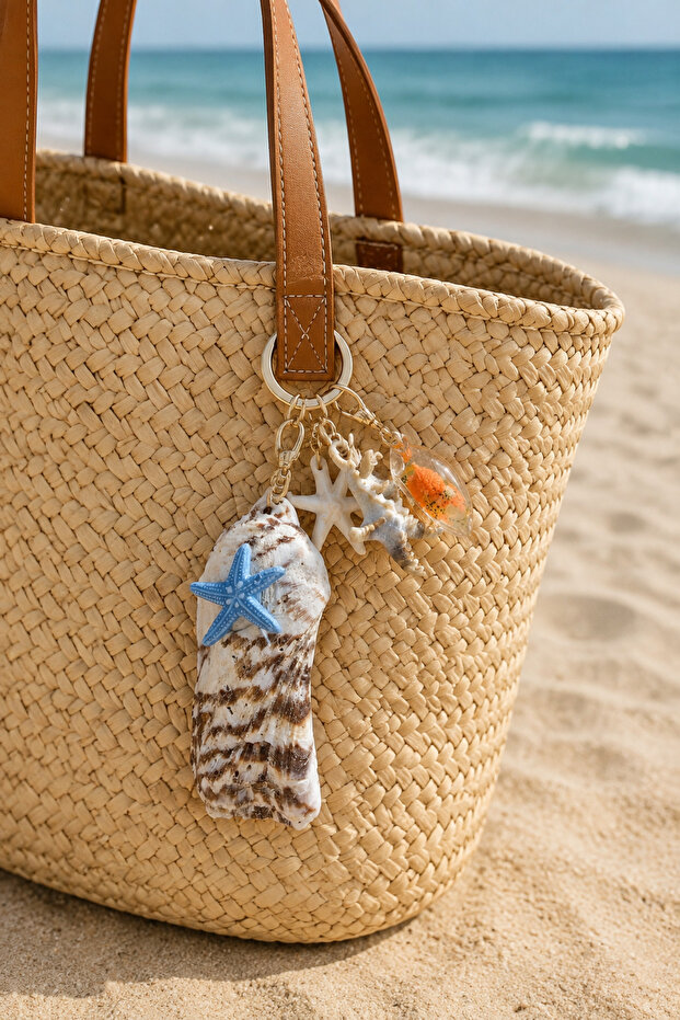 Sea Shell Blue Sea Star Orange Detailed Keychain or Bag Ornament