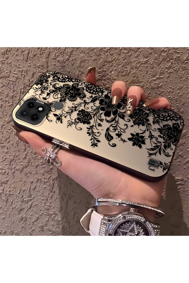 Realme C21 Compatible Elegant Black Lace Flower Pattern Case, High Quality Matte Phone Case