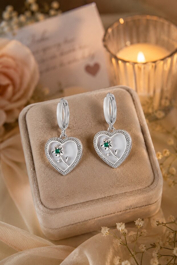 Luxury Vip Silver Color White Heart Flower Figured Dangle Hoop Earrings | Elegant Special Design