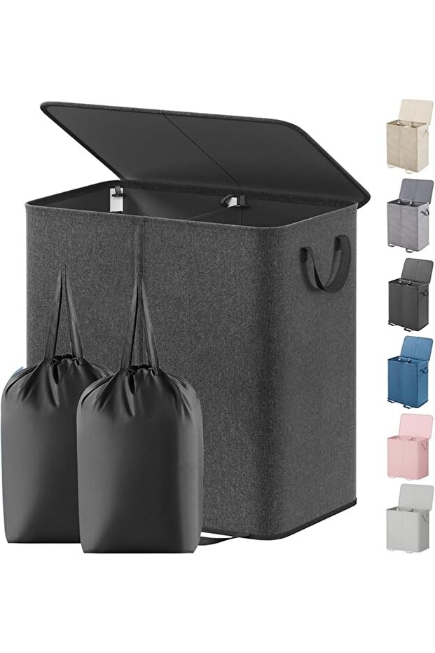 Lavivet Double Laundry Hamper with Lid and Removable Laundry Bags, Large Foldable Dirty Clothes Hamper with 2 Compartments