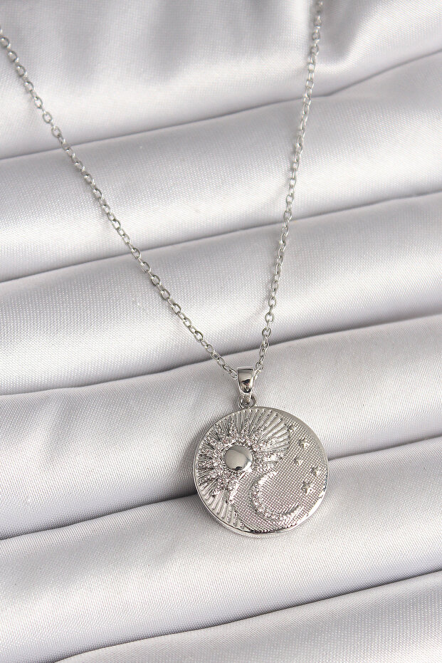 316L Steel Silver Color Chain Zircon Stone Moon Sun Engraved Medallion Model Women's Necklace