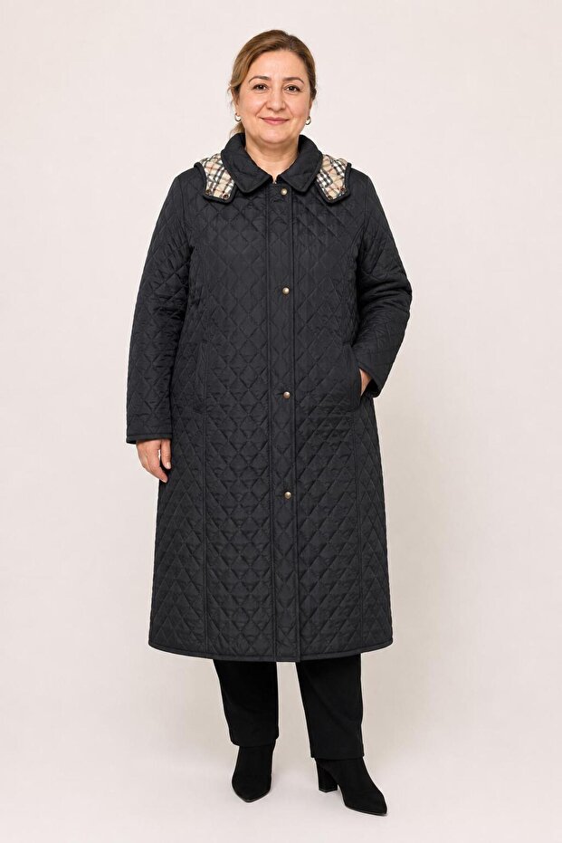 Women's Plus Size Hooded 120 cm Black Quilted Coat