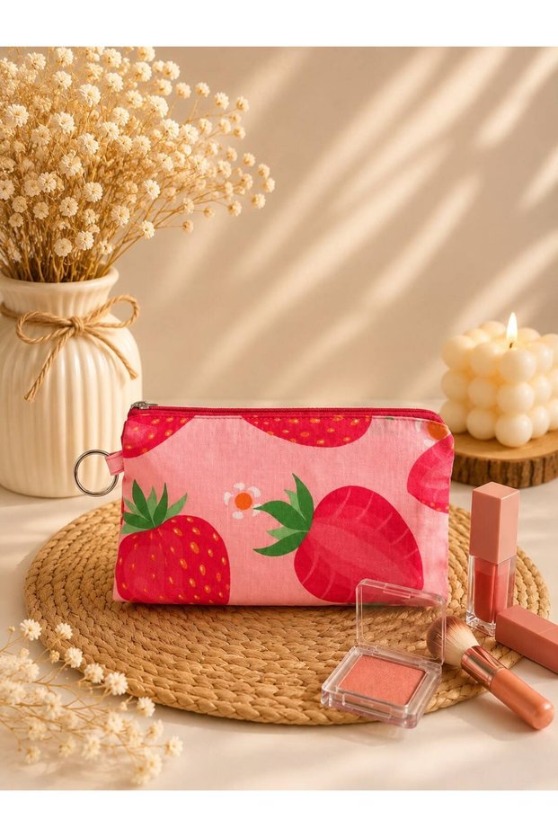 Pink Strawberry Patterned Zippered Makeup & Small Handbag 18X10 cm – Multi-Purpose Mini Bag