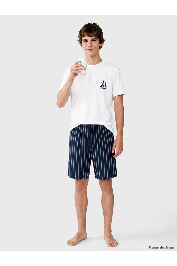 Navy Blue Regular Fit Printed Men's Shorts Pajama Set
