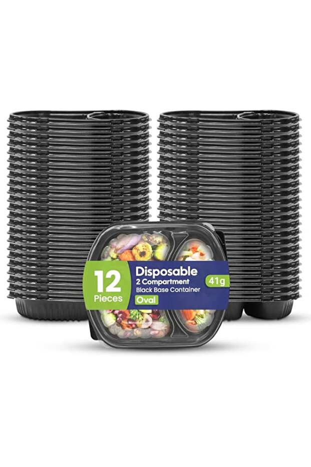 Packing Disposable 12 Pack Oval Black Base Meal Prep Containers with Lids - 2 Compartment, Microwave, Freezer & Dishwasher Safe, Leak-Proof Food Storage Boxes