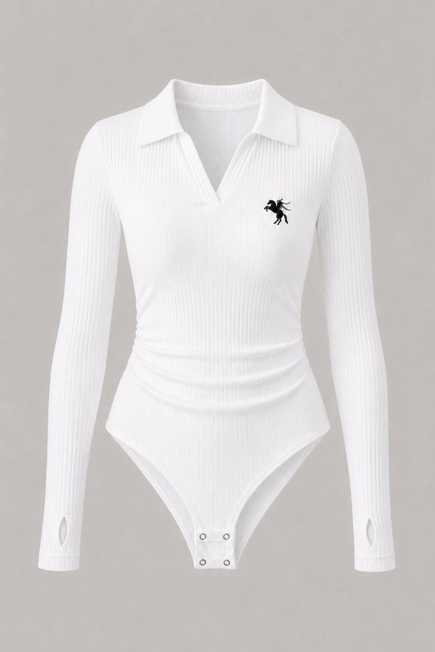 Steed White Flexible Polo Collar Premium Ribbed Embroidered Drawstring Long Sleeve Snap Fastener Bodysuit
