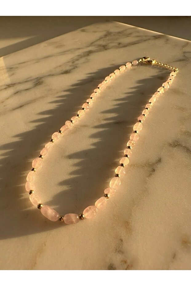 Pink Quartz Natural Stone and Stainless Steel Combination Necklace
