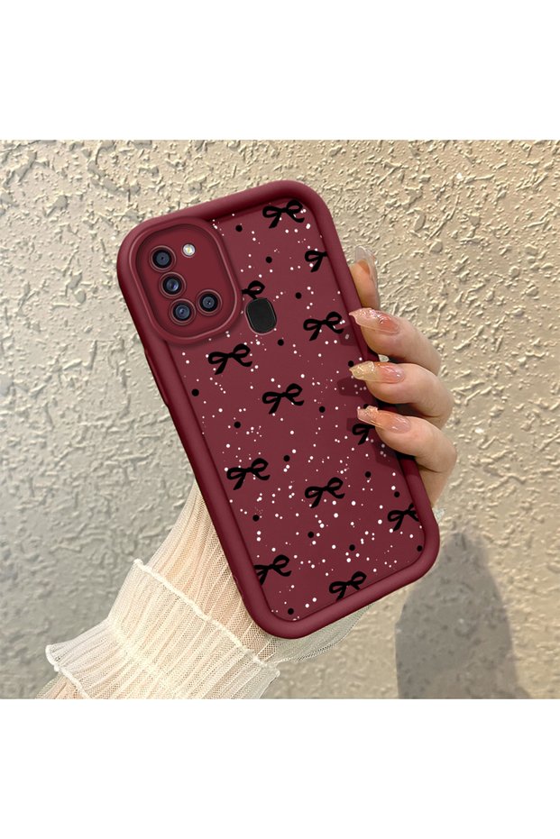 Samsung Galaxy A21S Compatible Elegant Black Ribbon Motif Case, Suitable for Daily Use
