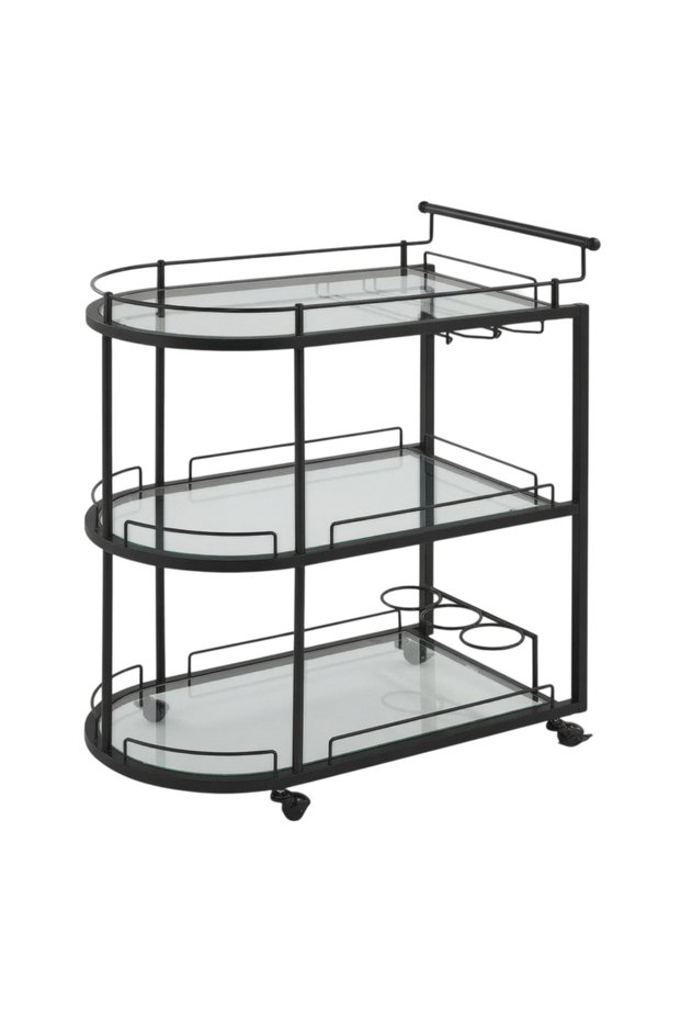 3-Tier Bar Cart with Wheels, Glass Serving Trolley with Clear Glass Shelves & Welded Metal Frame, Rolling Beverage Cart with 2 Locking Casters