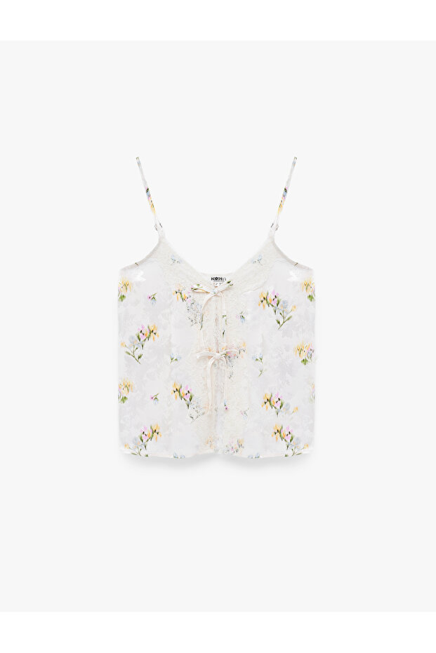 Comfortable Fit Bow Detail Thin Straps Viscose Fabric Floral Satin Blouse