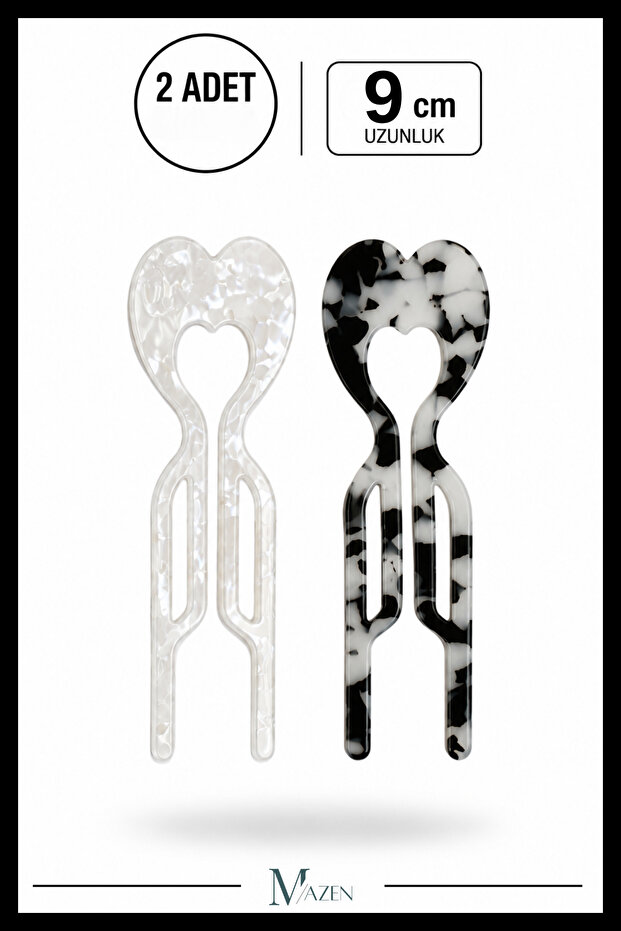 2 Pieces Heart Model Hairpin Hair Bun Clip Stick Clip Black White 9 cm