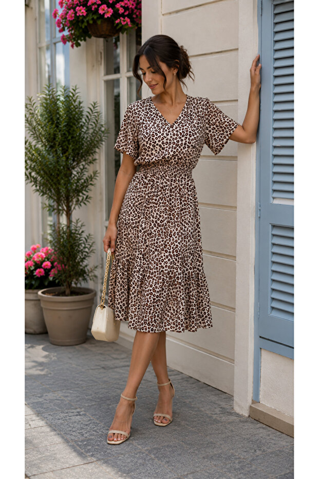 Timeless Elegance – Leopard Print V-Neck Midi Single Jersey Dress with Elastic Waist