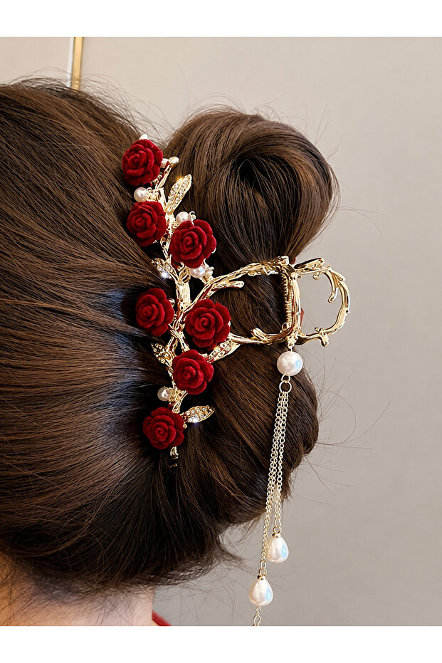 Hanging Pearl and Stone Rose Design Hairpin 11 cm