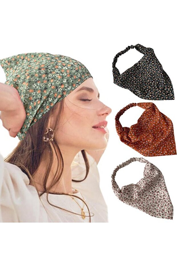 Floral headband 3pc bohemian elastic non-slip with clips.