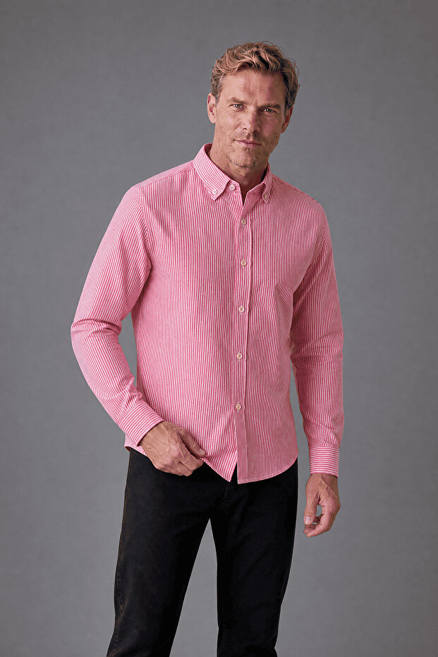 Pink Regular Fit Cotton Linen Long Pasha Collar Shirt