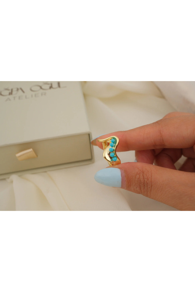 Yzk675 Wave Form Turquoise Bead Detail Gold Adjustable Ring
