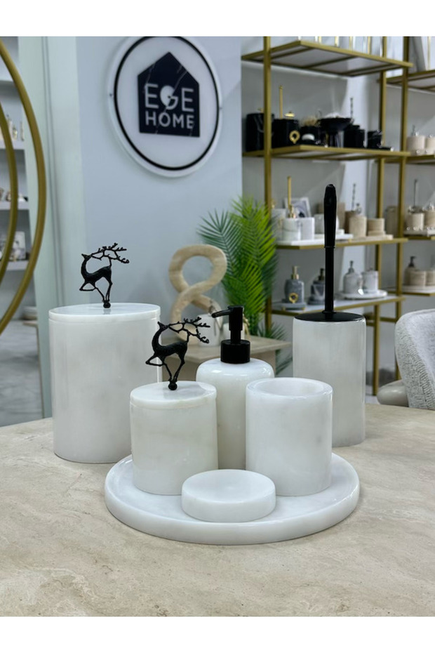 Decorative Natural White Marble 7-Piece Bathroom Set with Black Details