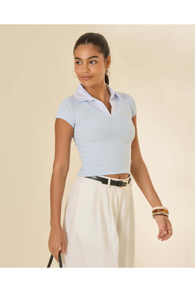 Women Blue Twofer Collared Rib Top