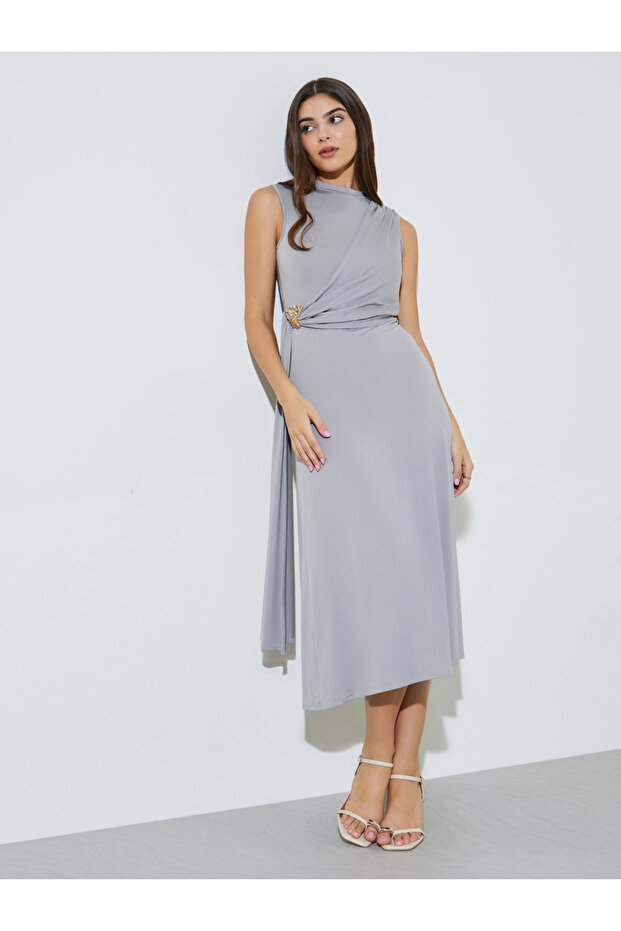 Grey Solid Buckle Embellished Waist A-Line Midi Dress