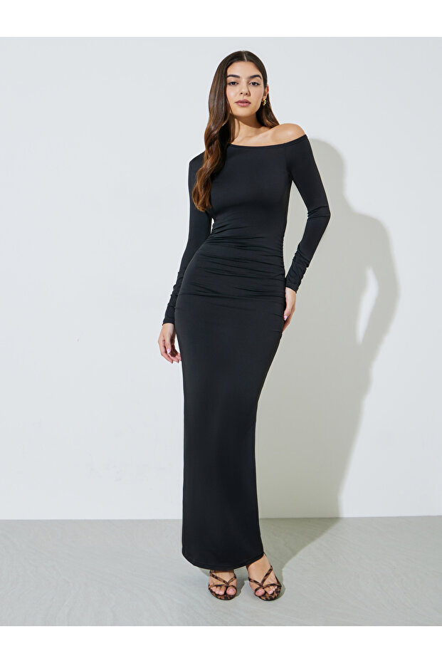 Black Solid One Shoulder Neck Bodycon Maxi Dress
