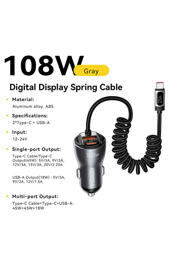 ESSAGER Grey Essager 108W Car Charger with USB-C & USB-A Ports PD QC4.0 Fast Charging Digital Displa