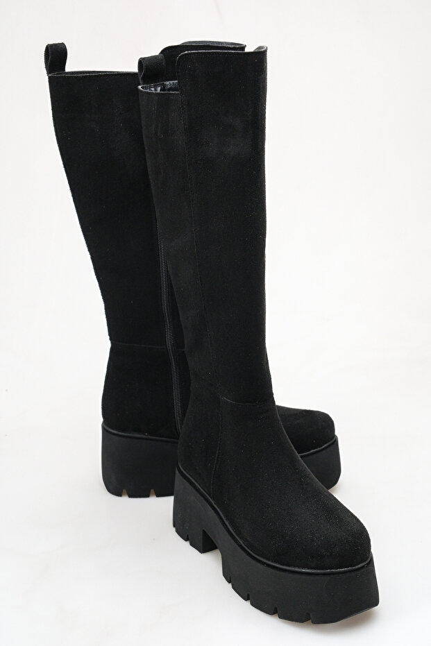 Juliana Black Suede Women's Daily Flat High-Sole Wedge Heeled Boots
