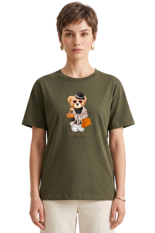Women's Khaki Beverly Hills Teddy Bear Printed T-Shirt Comfortable Fit 100% Cotton